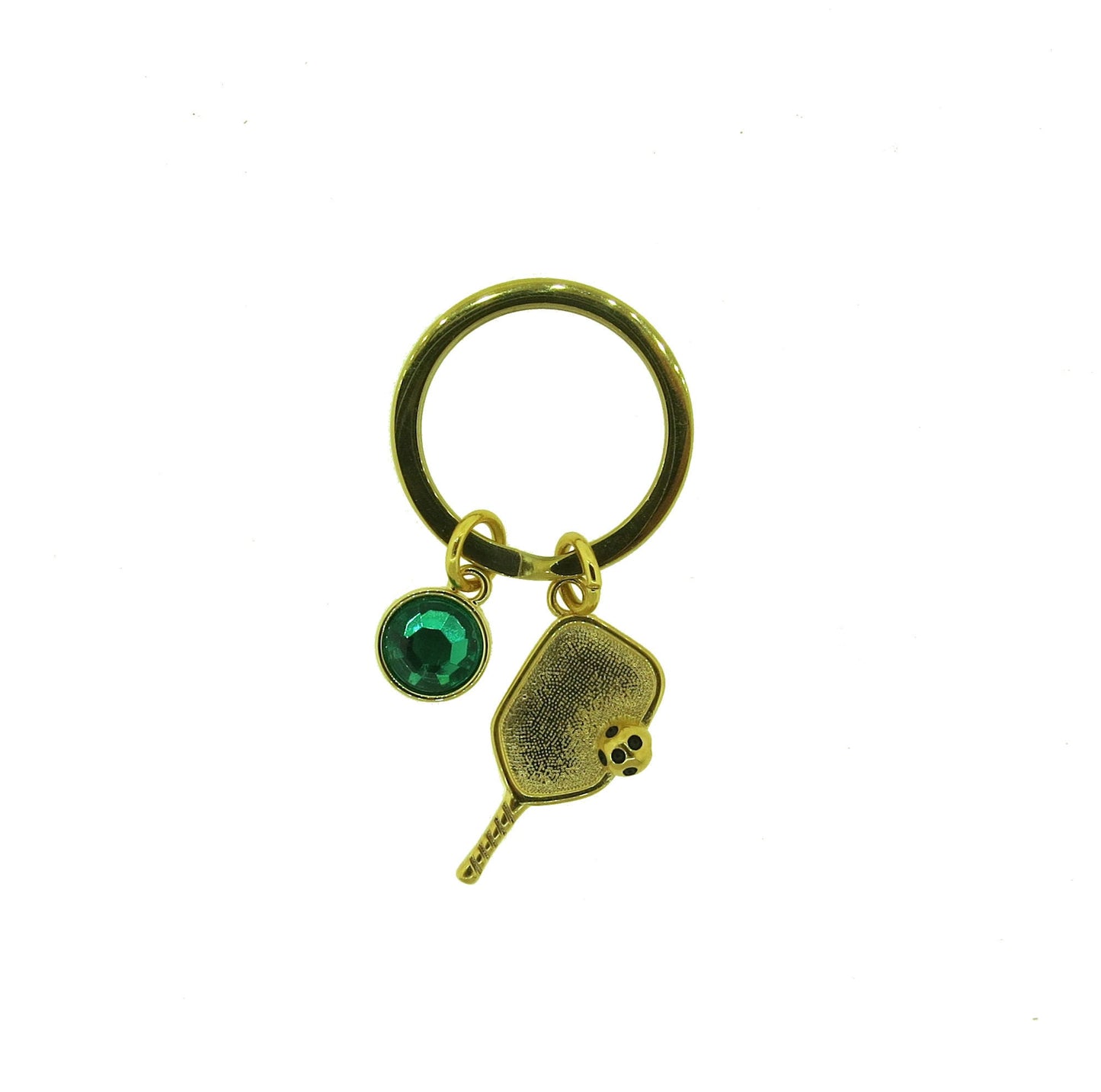 Pickleball Paddle with Ball Gold-Plated Stainless-Steel Key Chain Pickleball Charm on a Stainless-Steel 25mm Keyring with a Crystal Charm