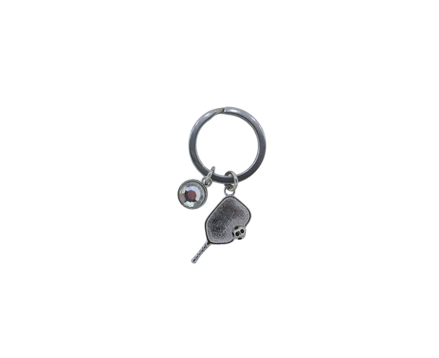 Pickleball Paddle with Ball Stainless-Steel Key Chain Pickleball Charm on a Stainless-Steel 25mm Keyring with a Crystal Charm