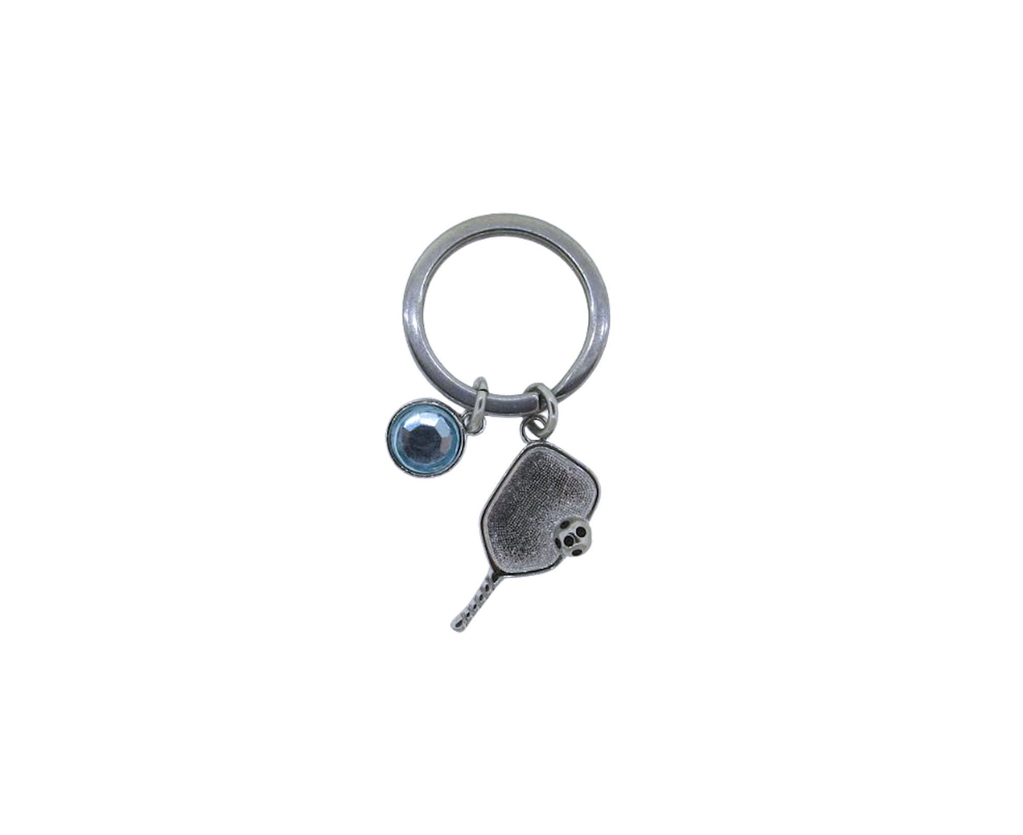 Pickleball Paddle with Ball Stainless-Steel Key Chain Pickleball Charm on a Stainless-Steel 25mm Keyring with a Crystal Charm