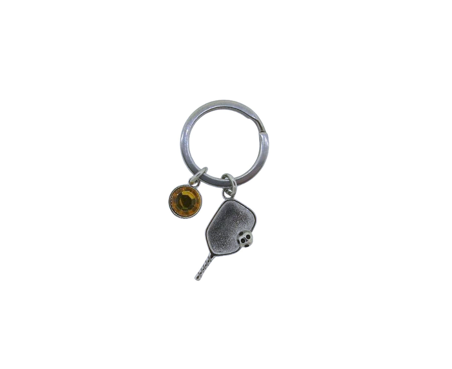 Pickleball Paddle with Ball Stainless-Steel Key Chain Pickleball Charm on a Stainless-Steel 25mm Keyring with a Crystal Charm