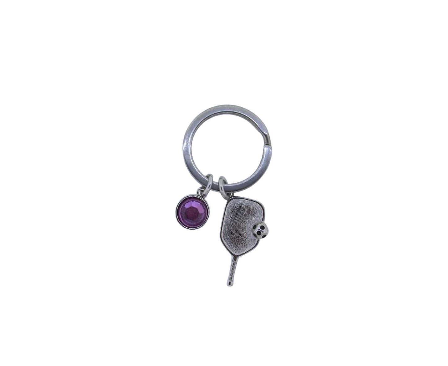 Pickleball Paddle with Ball Stainless-Steel Key Chain Pickleball Charm on a Stainless-Steel 25mm Keyring with a Crystal Charm