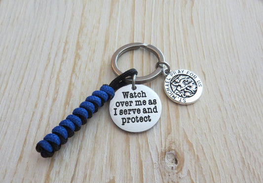 Watch Over Me as I Serve and Protect Multi Charm Police Stainless Steel Keychain, Thin Blue Line Paracord Charm Saint Michael's Keyring Gift