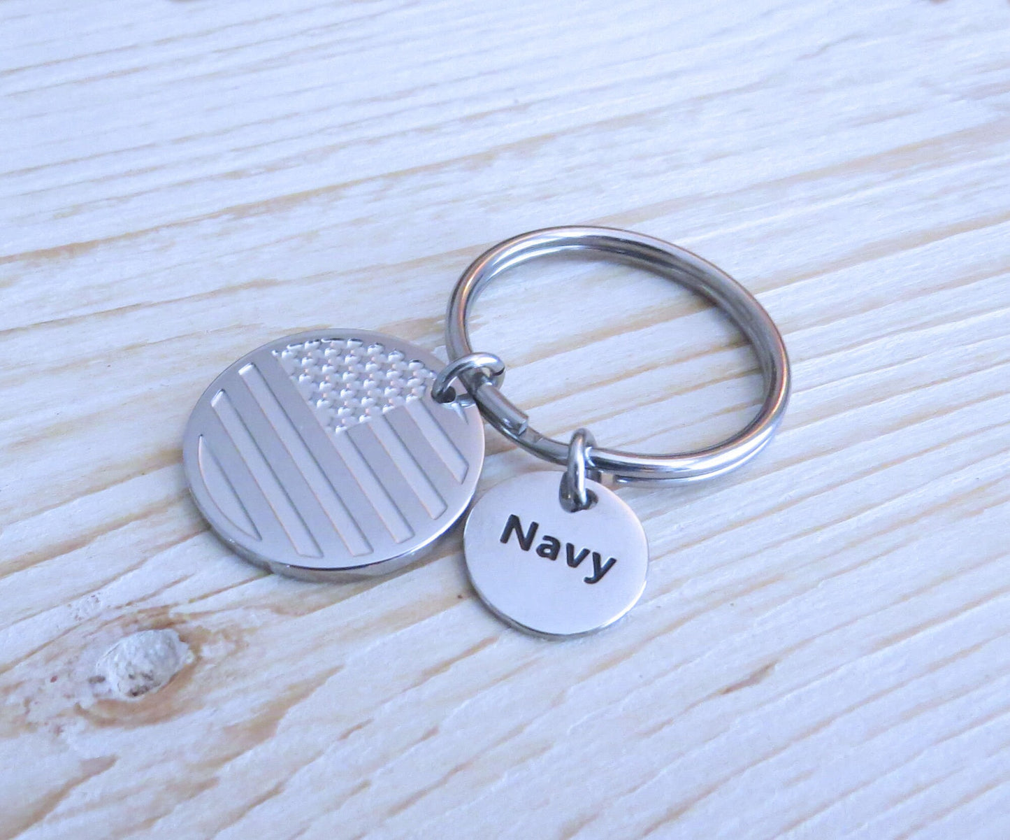 U.S Military Veteran's 25mm engraved stainless steel American flag Keychain Army, Navy, Air Force, Marine * Perfect gift for any US Veteran