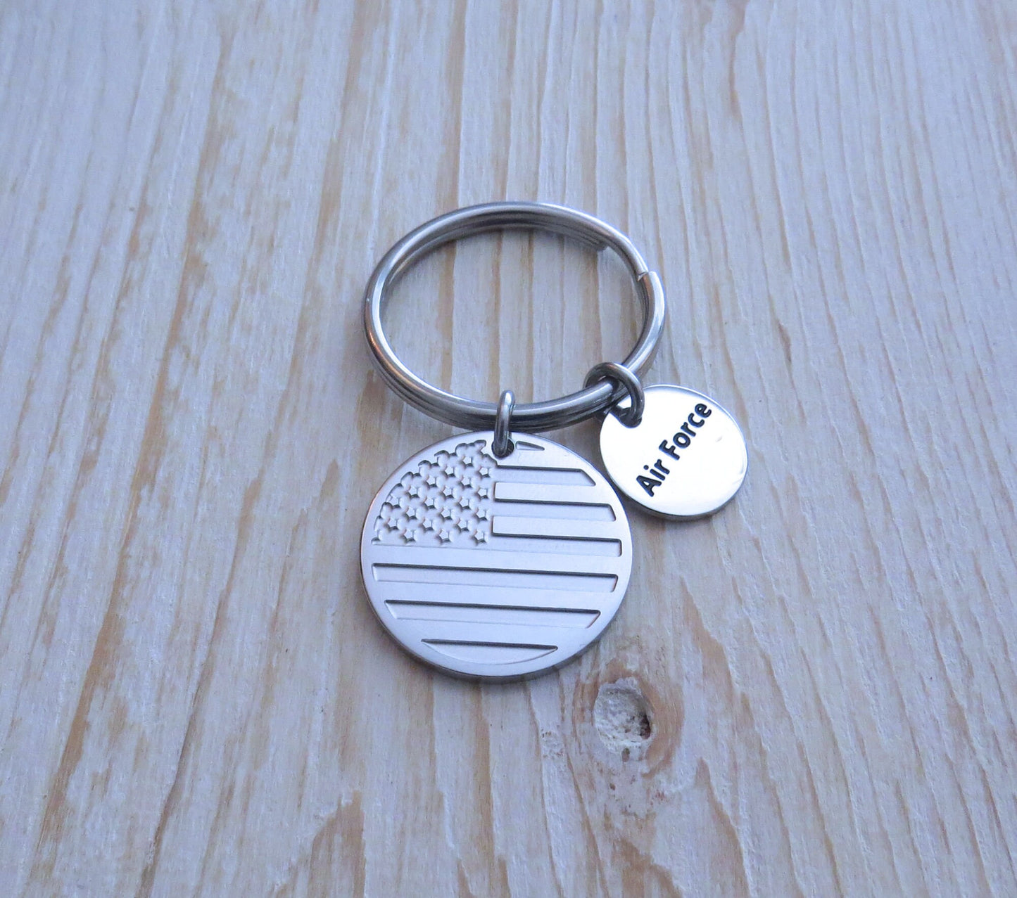 U.S Military Veteran's 25mm engraved stainless steel American flag Keychain Army, Navy, Air Force, Marine * Perfect gift for any US Veteran