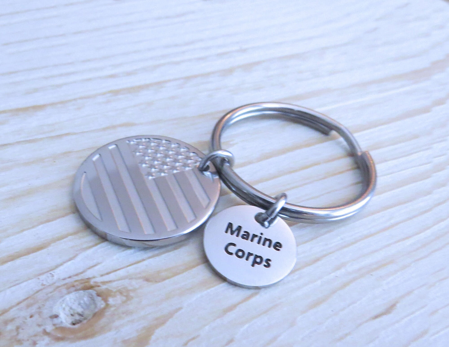 U.S Military Veteran's 25mm engraved stainless steel American flag Keychain Army, Navy, Air Force, Marine * Perfect gift for any US Veteran