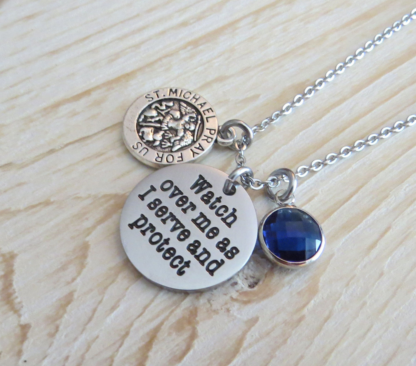 Watch Over Me as I Serve and Protect Stainless Steel Engraved Pendant Police with Blue Crystal Charm, and Saint Michael's Charm Necklace