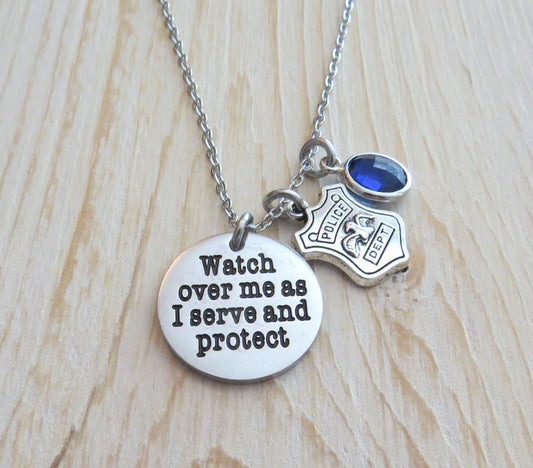 Watch Over Me as I Serve and Protect Stainless Steel Engraved Pendant Police with Blue Crystal Charm, and Police shield Charm Necklace