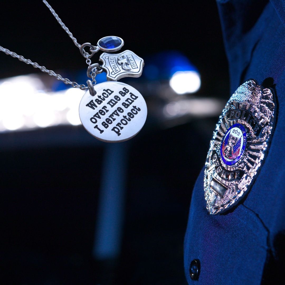 Watch Over Me as I Serve and Protect Stainless Steel Engraved Pendant Police with Blue Crystal Charm, and Police shield Charm Necklace