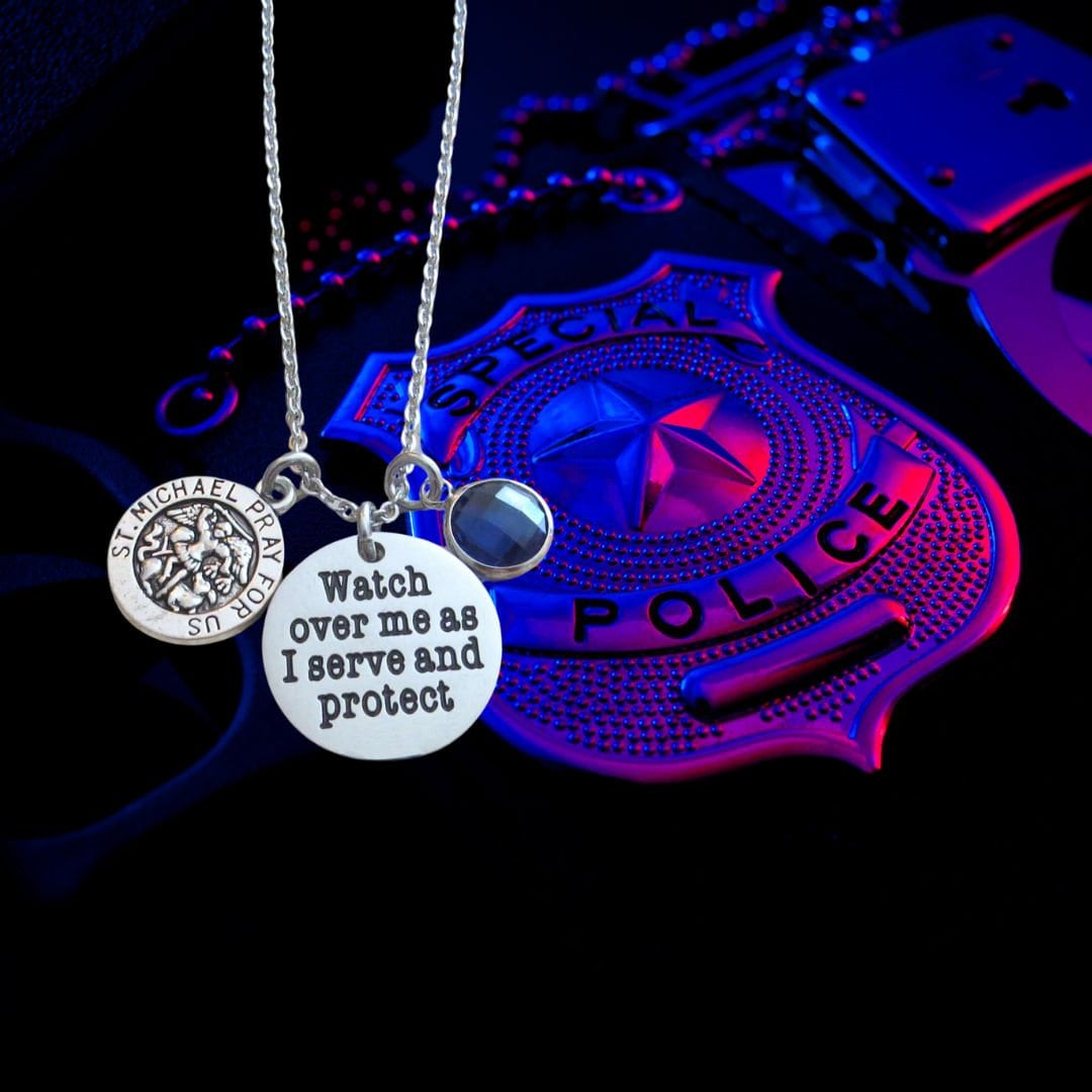 Watch Over Me as I Serve and Protect Stainless Steel Engraved Pendant Police with Blue Crystal Charm, and Saint Michael's Charm Necklace