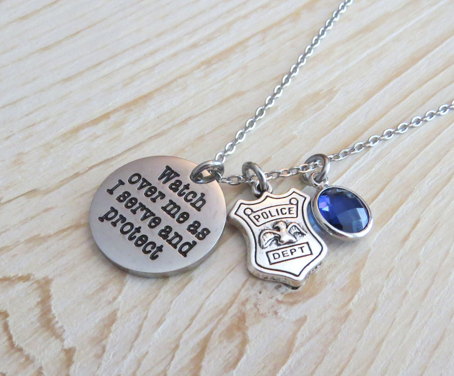 Watch Over Me as I Serve and Protect Stainless Steel Engraved Pendant Police with Blue Crystal Charm, and Police shield Charm Necklace